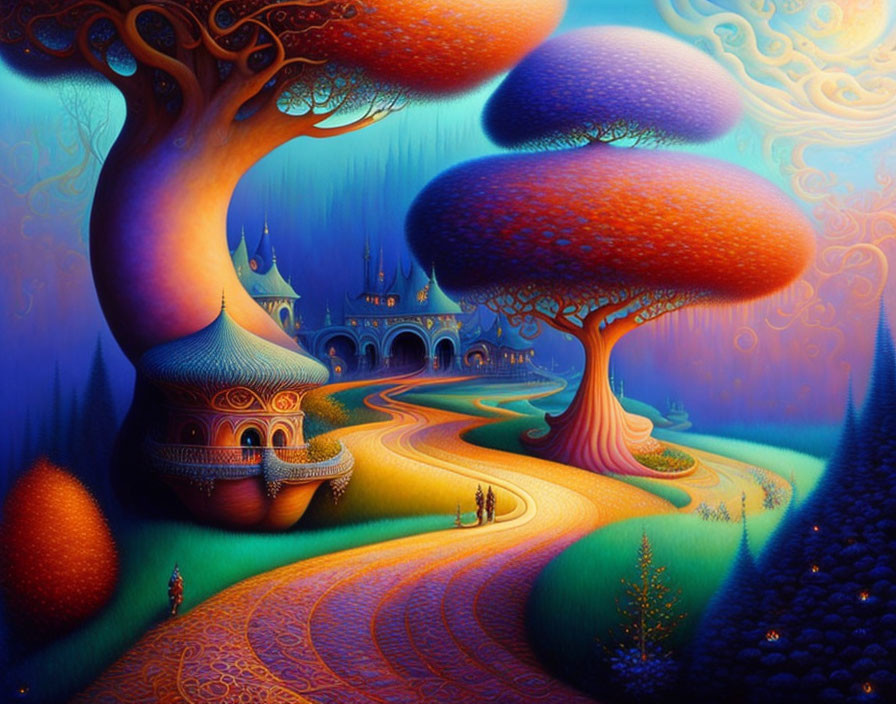 Fantasy landscape with mushroom trees, path, and fairytale castle