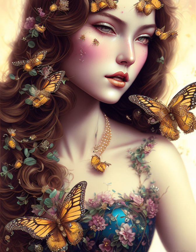 Colorful woman illustration with butterflies and flowers in dreamy setting