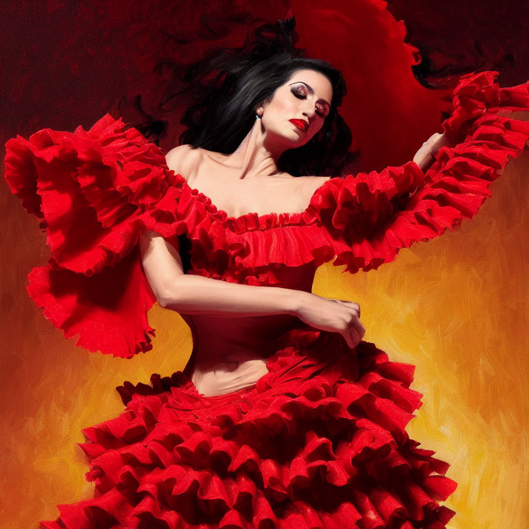 Vibrant red flamenco dress dancer in passionate pose