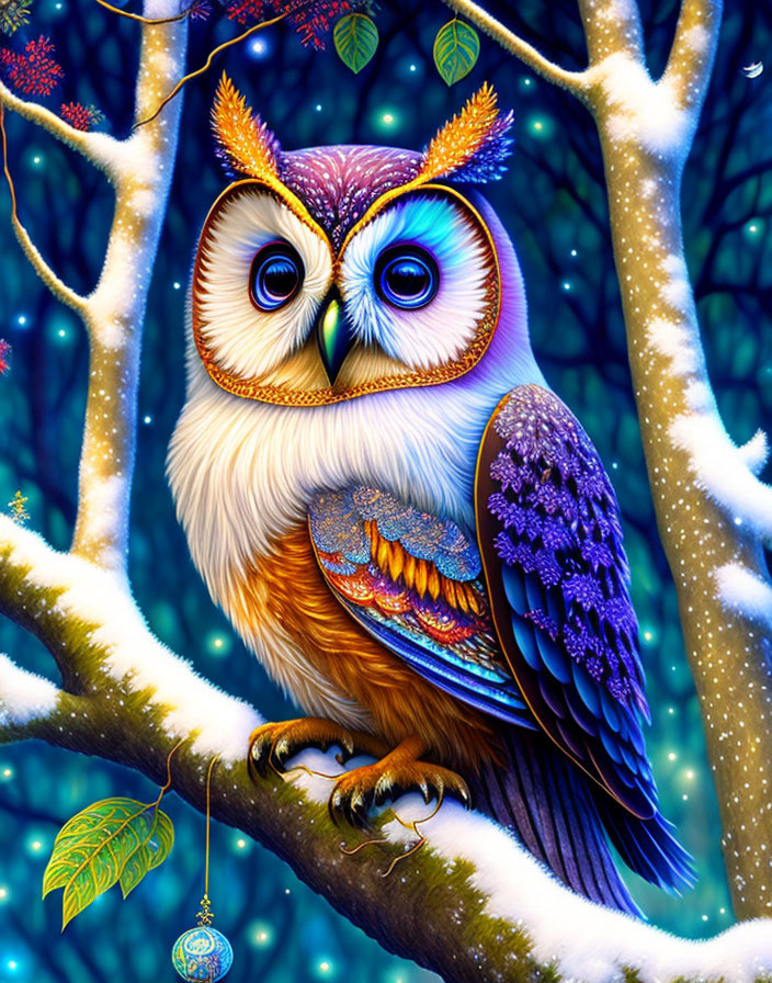 Colorful owl illustration on snowy branch in wintry forest with pocket watch