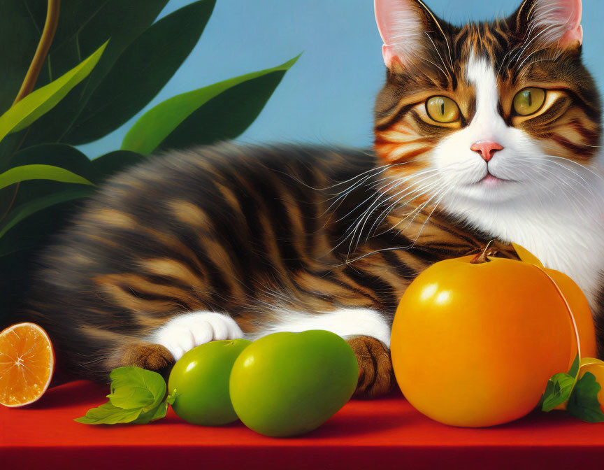 Vibrant tabby cat with fruit on blue background