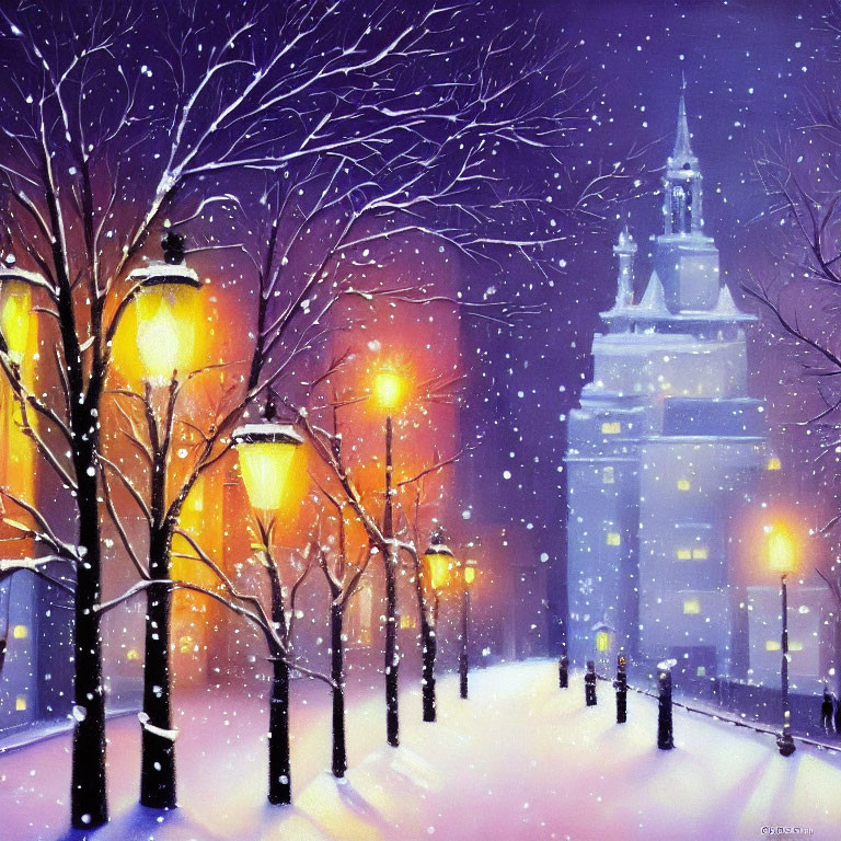 Vibrant snowy evening painting with lit street lamps, bare trees, distant building, purple sky,