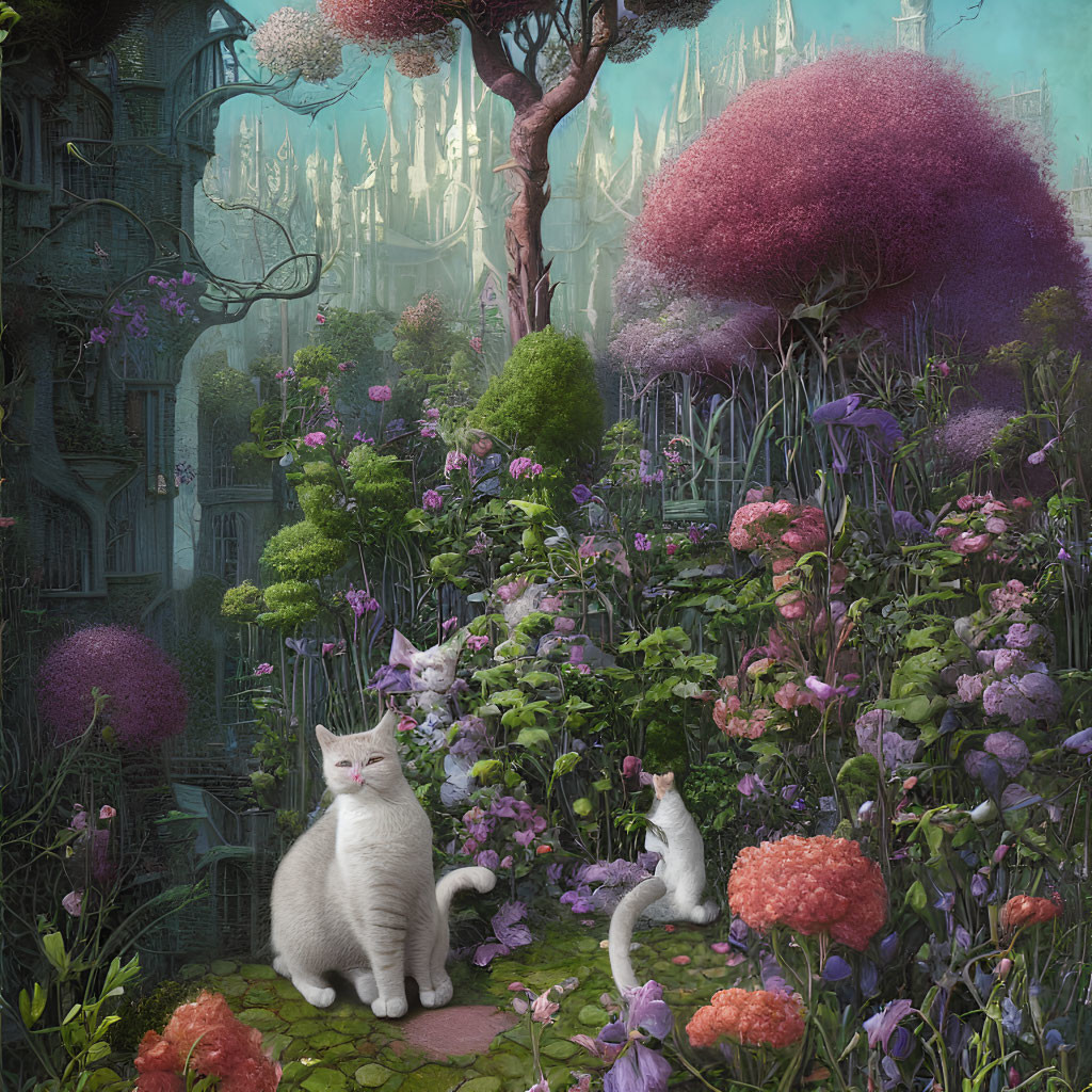 Vibrant Flora and Three White Cats in Fantastical Garden