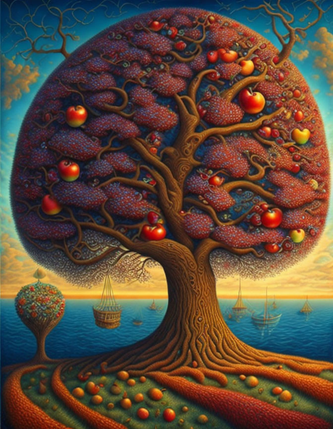 Surreal painting featuring tree with red apples and textured branches in sea landscape.