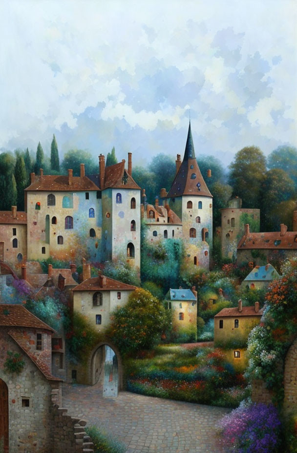 Medieval village painting with stone buildings and lush surroundings