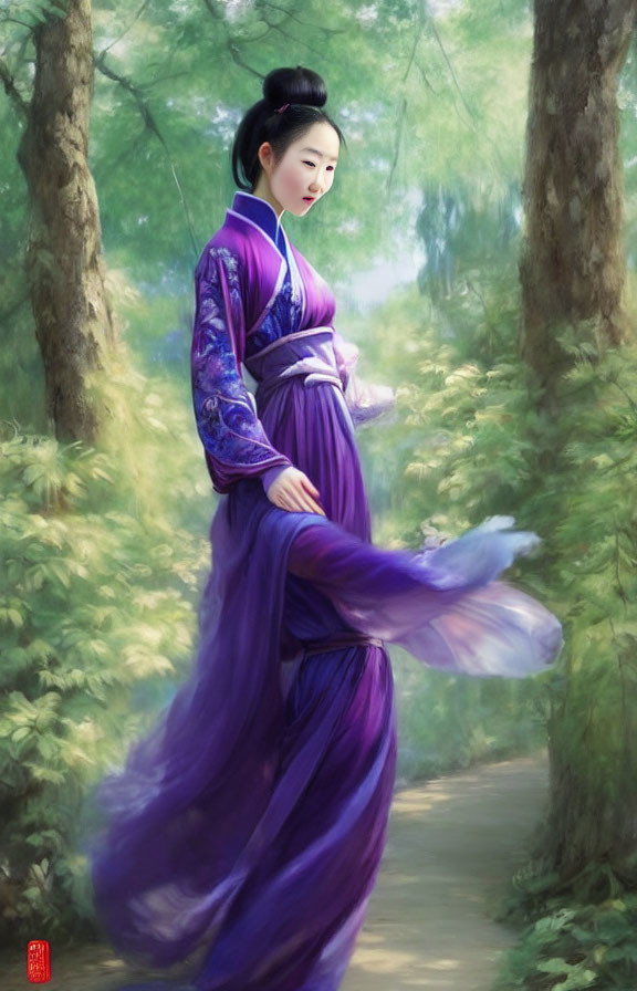 Traditional Purple Attire Woman in Serene Forest Setting