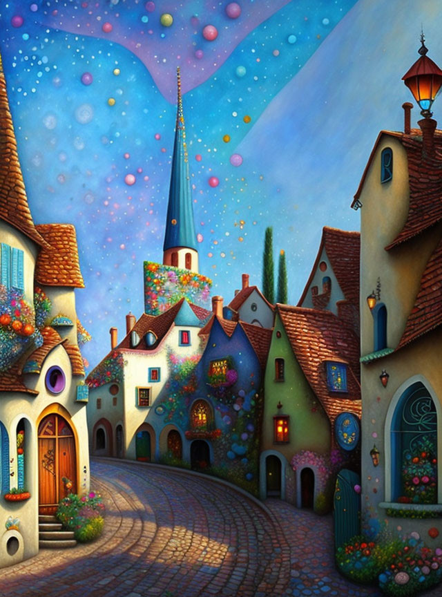 Colorful Dusk Village Scene with Cobblestone Paths & Starry Sky