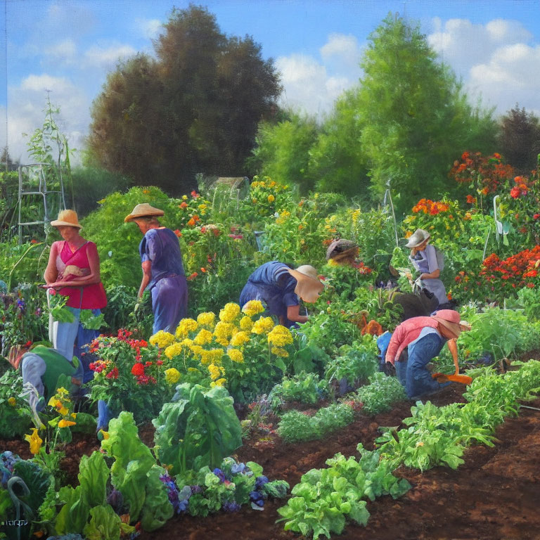 Vibrant garden with flowers and vegetables on a sunny day