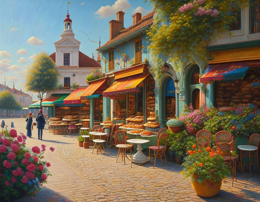 Sunlit Street with Colorful Awnings and Flowers