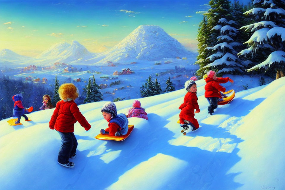 Kids sledding on snowy hill in winter village scenery