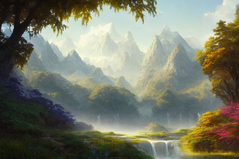 Tranquil landscape with misty waterfalls, lush greenery, vibrant flowers, and towering mountains