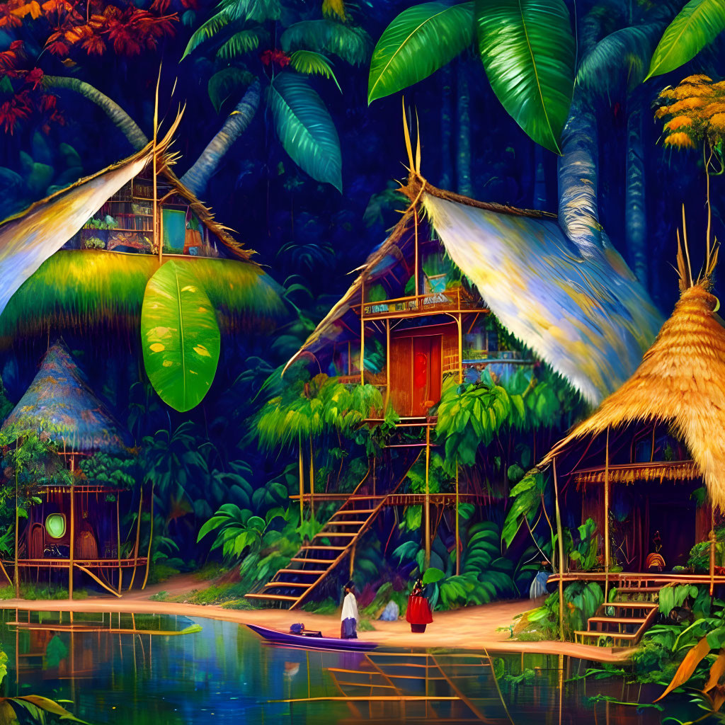 Serene jungle scene with foliage, hut, house, and pond at twilight