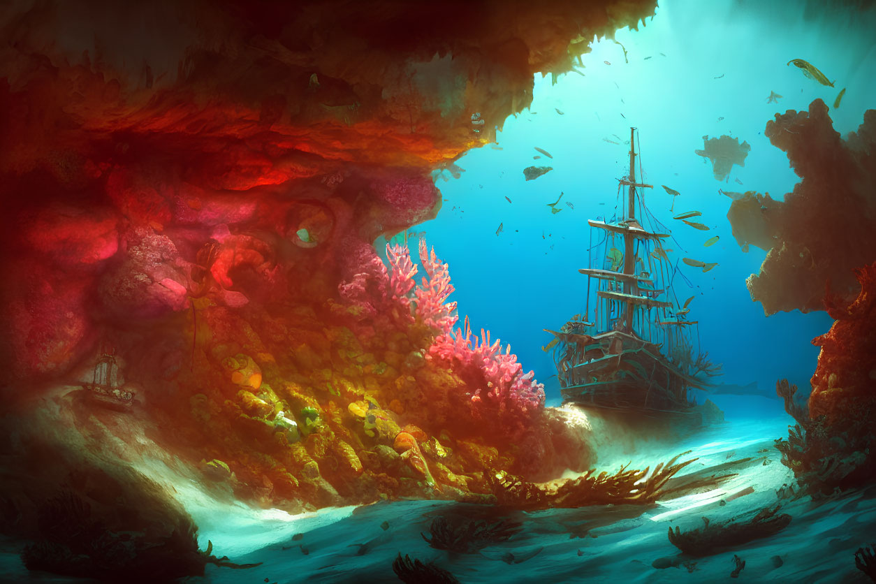 Underwater shipwreck scene with coral, fish, and sunlight