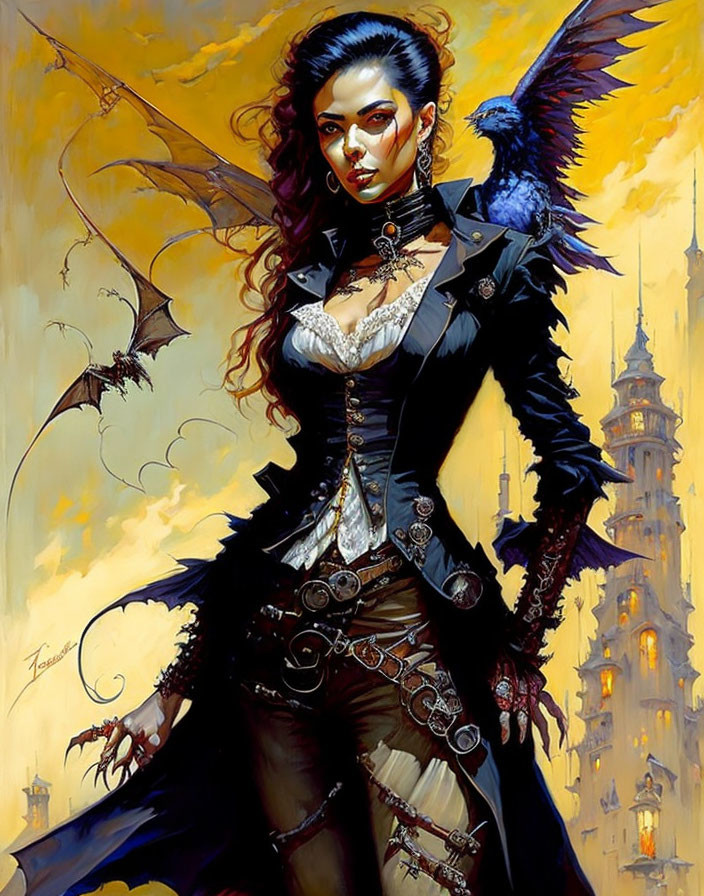 Gothic fantasy art of woman with dramatic makeup, crow, creatures, and castle