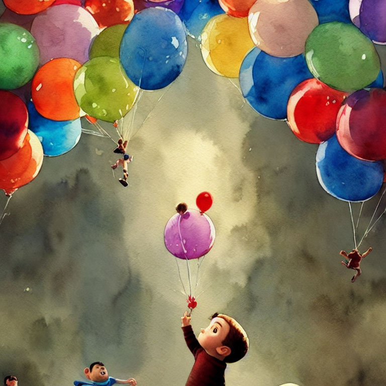 Colorful artwork: child with flower and vibrant balloons in cloudy sky