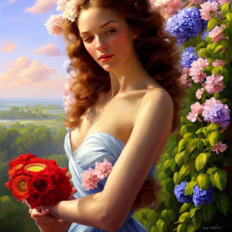 Woman in Blue Dress with Bouquet Surrounded by Hydrangeas in Sunlit Landscape