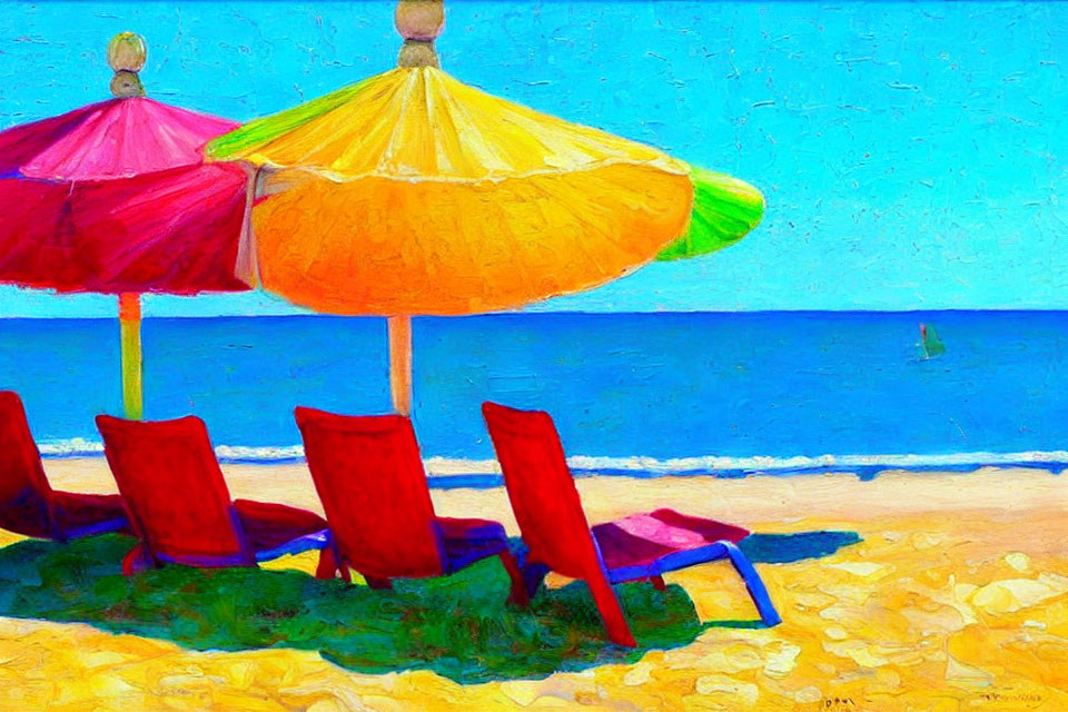 Colorful Beach Scene with Umbrellas, Lounge Chairs, and Sailboat