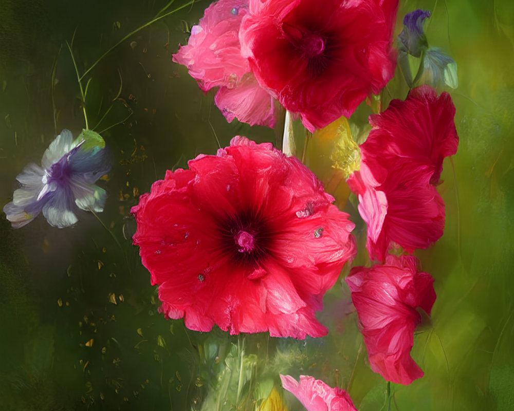 Colorful digital painting of red and pink poppies with blue and purple flowers on green background