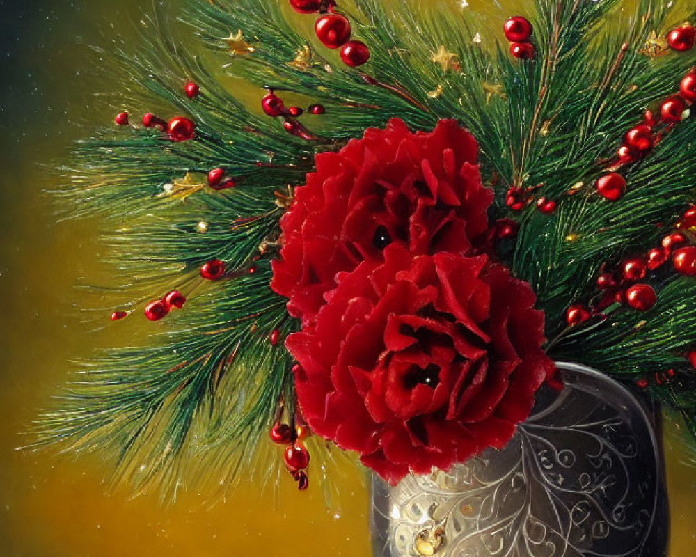 Ornate vase with red flowers and pine branches on golden backdrop