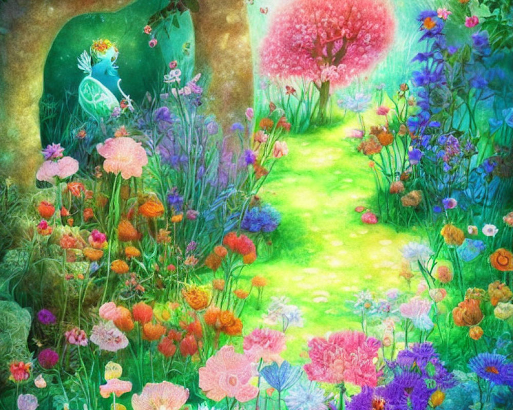 Colorful Illustration of Whimsical Garden with Flowers and Fairy