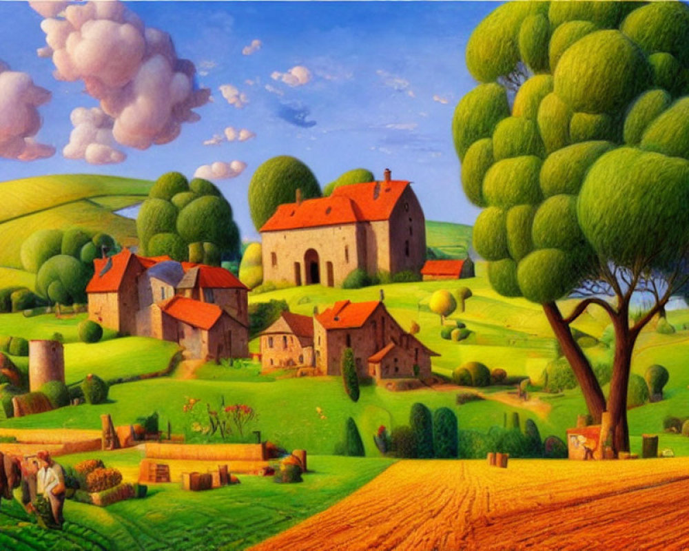 Scenic countryside painting with green hills and blue sky