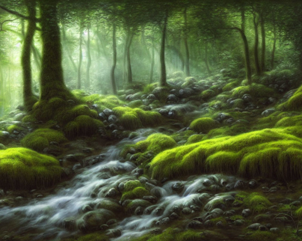 Ethereal forest scene with green moss, stream, and sunlight filtering through trees