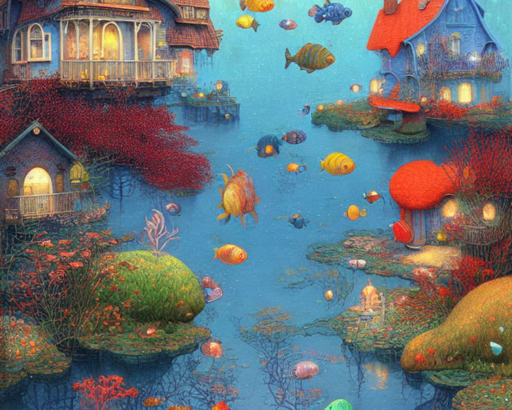 Vibrant underwater scene with colorful fish and whimsical houses