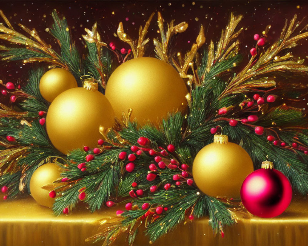 Christmas Arrangement: Golden Baubles, Pine Branches, Red Berries on Glittering