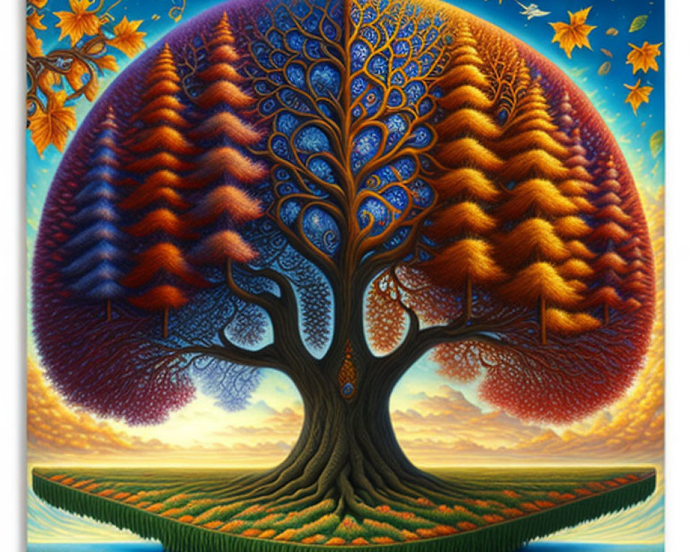 Symmetrical tree illustration showcasing seasonal halves under starry sky