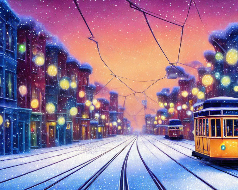 Enchanting snow-covered street at night with colorful buildings and vintage trams