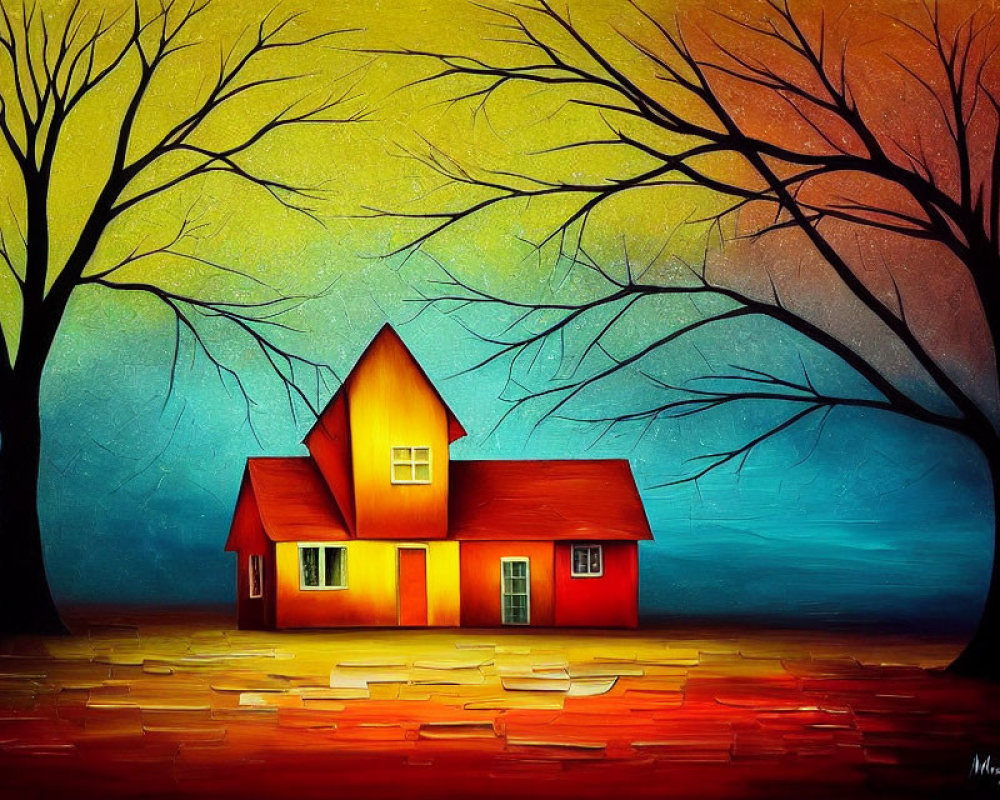 Vivid painting of red house and trees on colorful backdrop