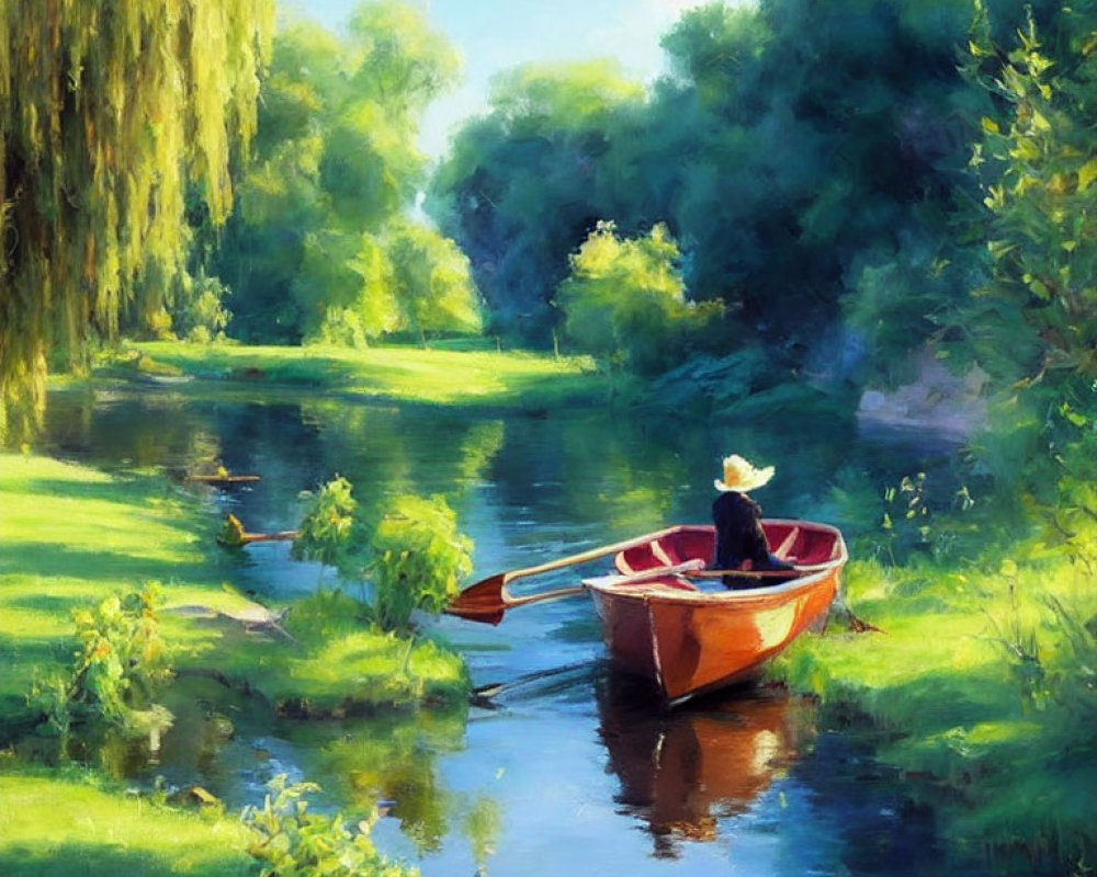 Tranquil painting of person in hat on red boat in lush river scene