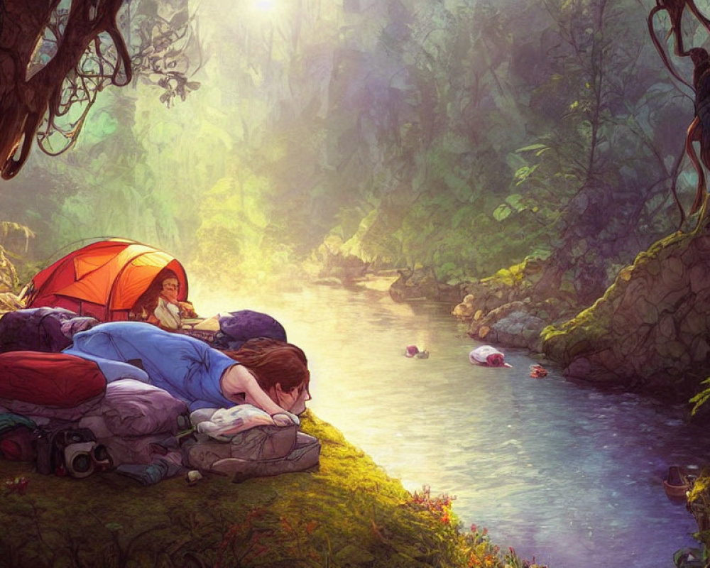 Two people by forest stream: one sleeping by tent, the other on tree branch in sunlit woodland