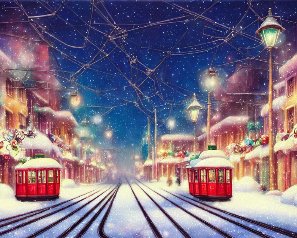 Winter scene with two red trams on snow-covered tracks and festive buildings.