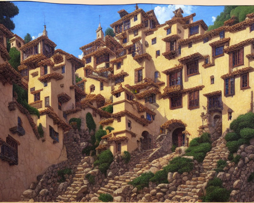 Intricate Multi-Storied Houses on Steep Hill with Stairs