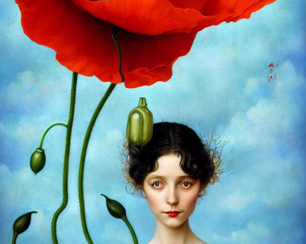 Surreal portrait of woman's face merged with red poppy bloom on blue background