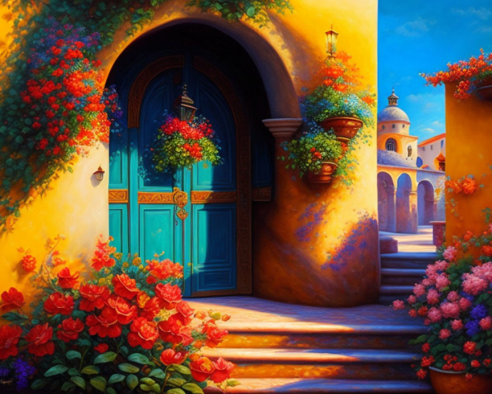 Colorful painting: Blue door, yellow wall, red flowers, lanterns, distant dome