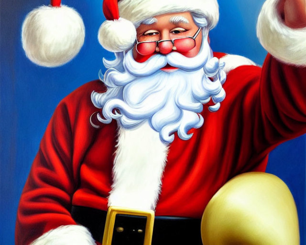 Santa Claus in red and white suit takes selfie with blue background