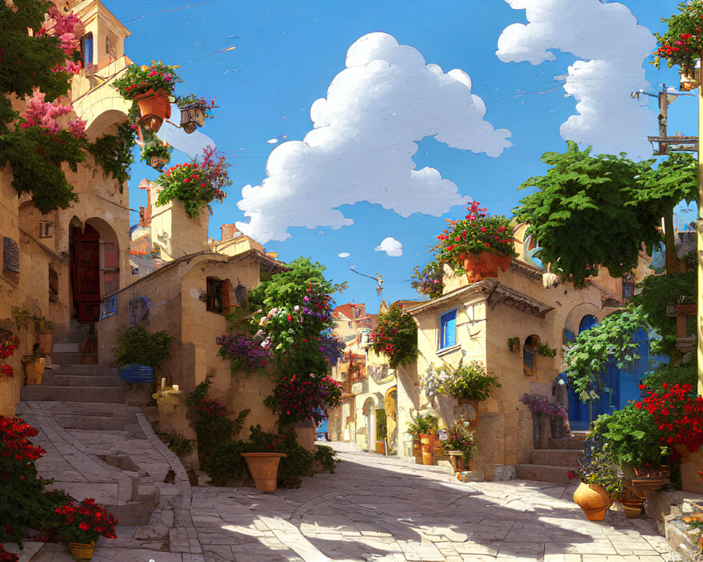 Historical buildings on cobblestone street with colorful flowers under blue sky