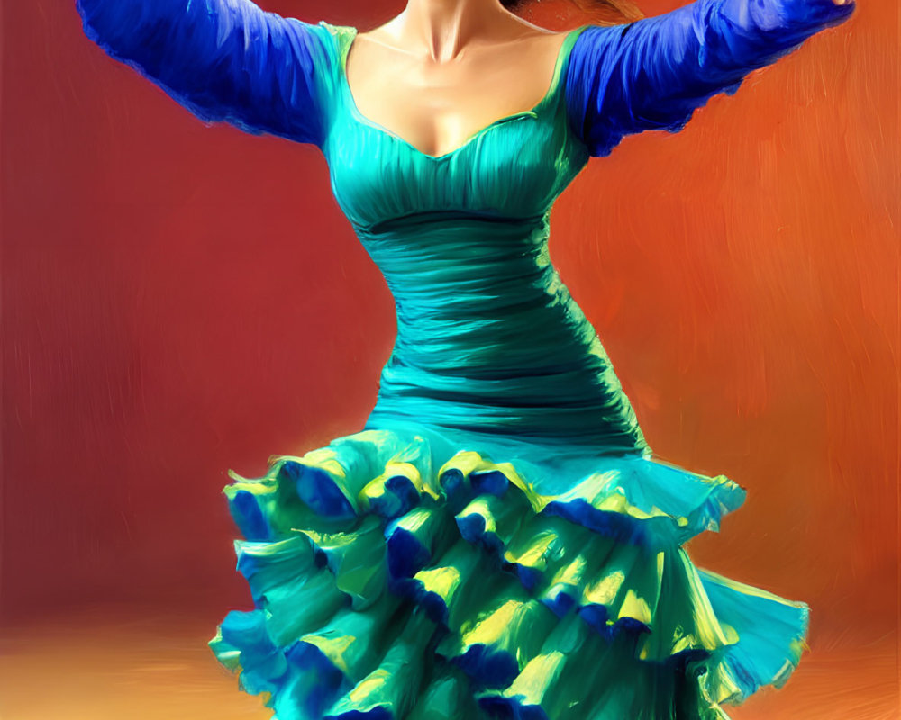 Flamenco dancer in blue and green ruffled dress poses passionately