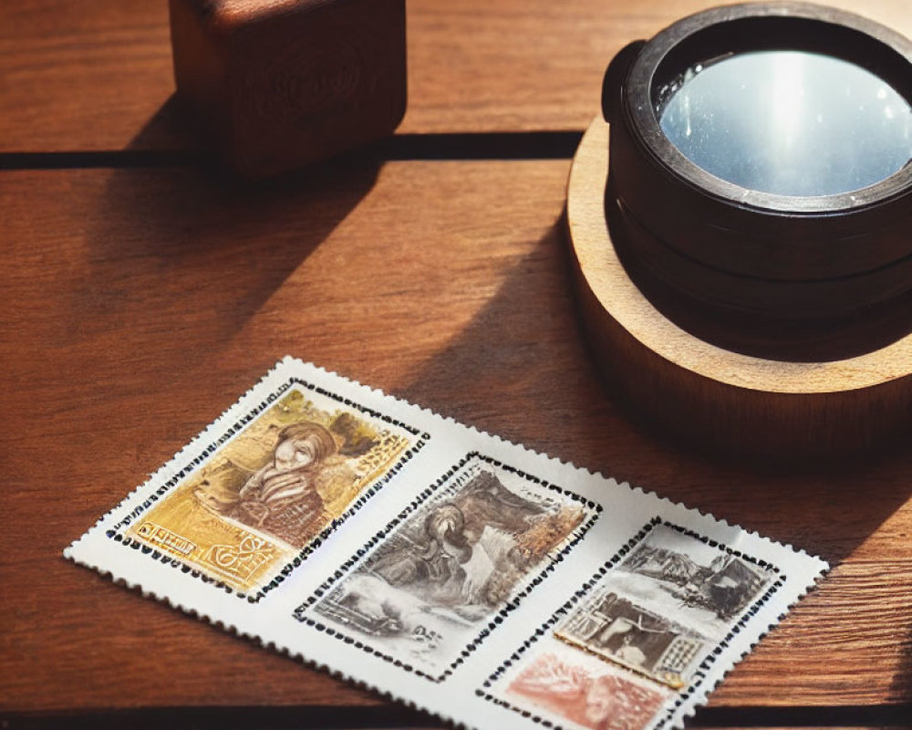 Vintage postage stamps with magnifying glass on wooden surface