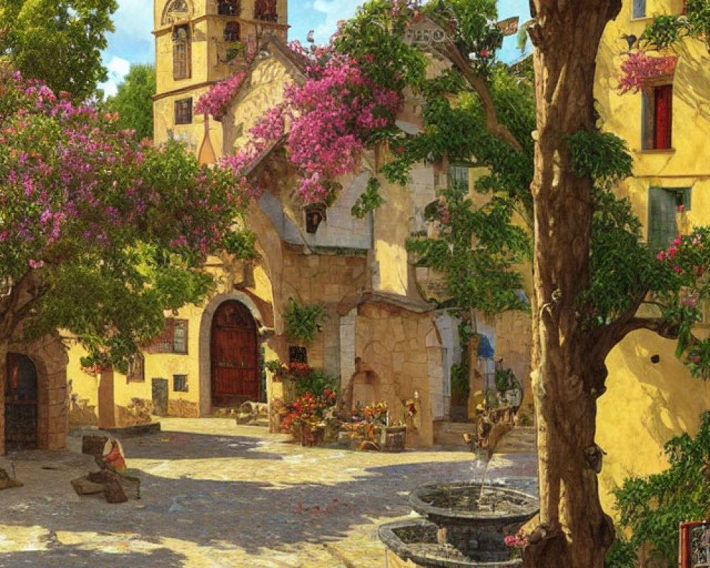 Picturesque village square with cobblestones, trees, bougainvillea, fountain, and bell