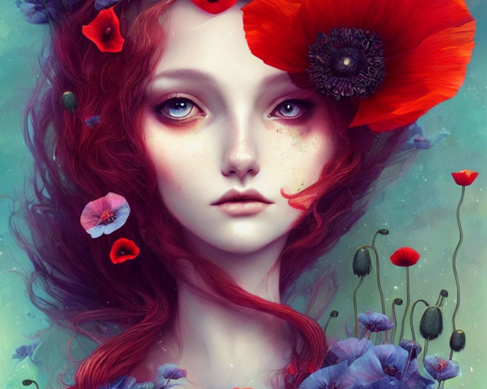 Vivid illustration of woman with red hair and flowers on teal background