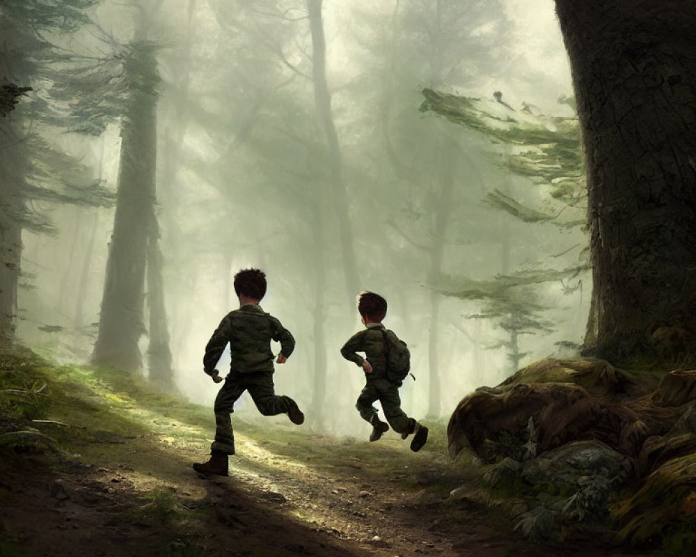 Children running in misty sunlit forest with towering trees