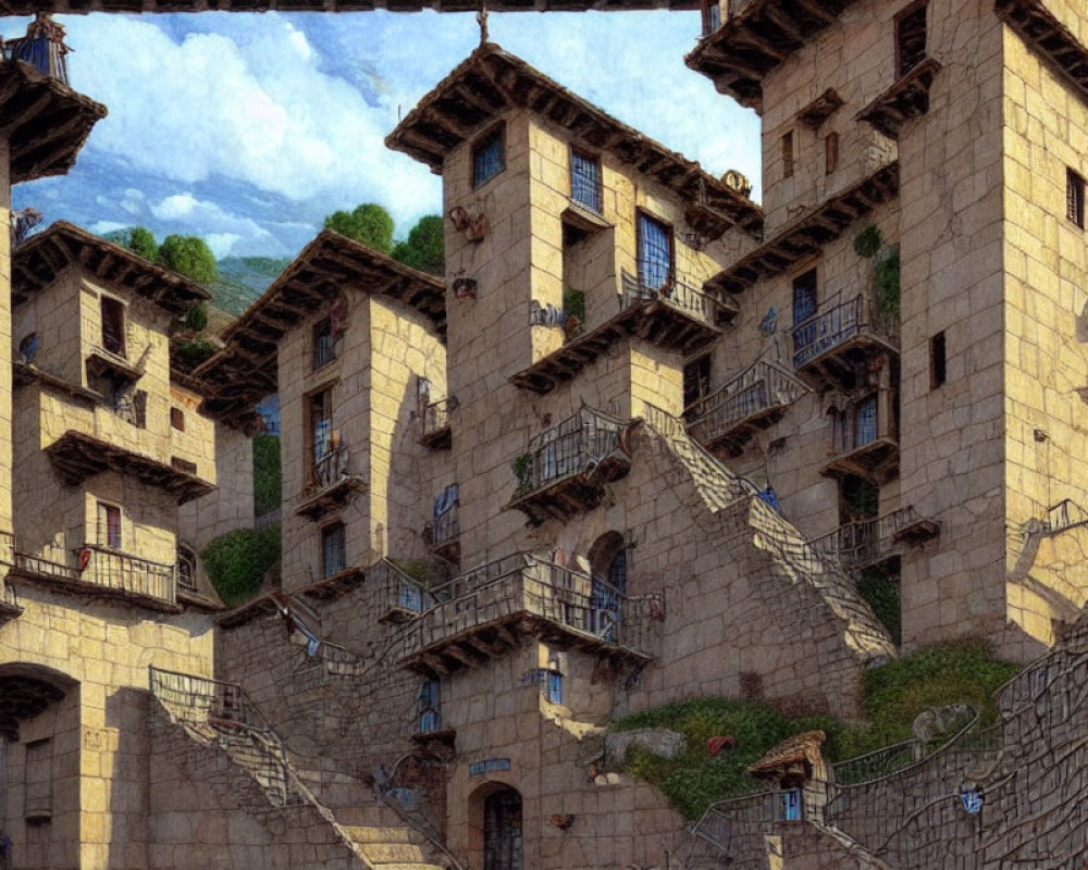 Whimsical painting of multi-level stone architecture