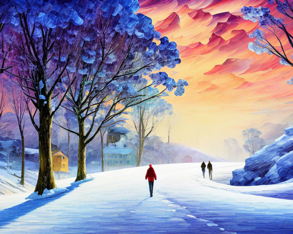 Colorful snowy landscape with figures under pink-clouded sky