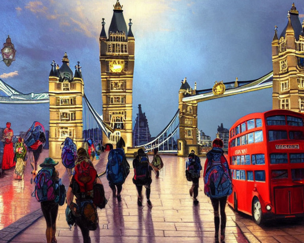 London Tower Bridge Painting with Red Bus and Pedestrians under Blue Sky