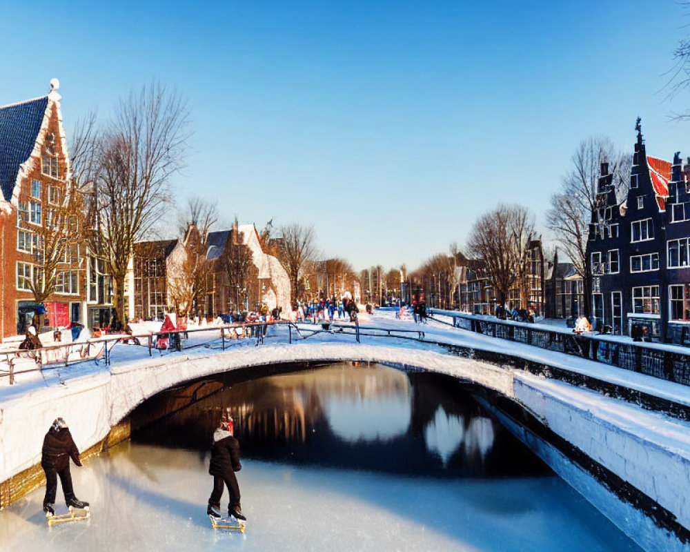 Ice-skating on frozen canal in picturesque town with classic architecture