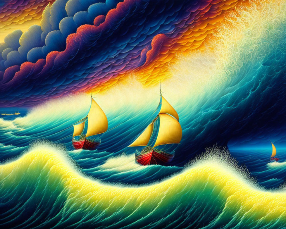 Colorful digital artwork featuring sailing ships on ocean with swirling cloud patterns