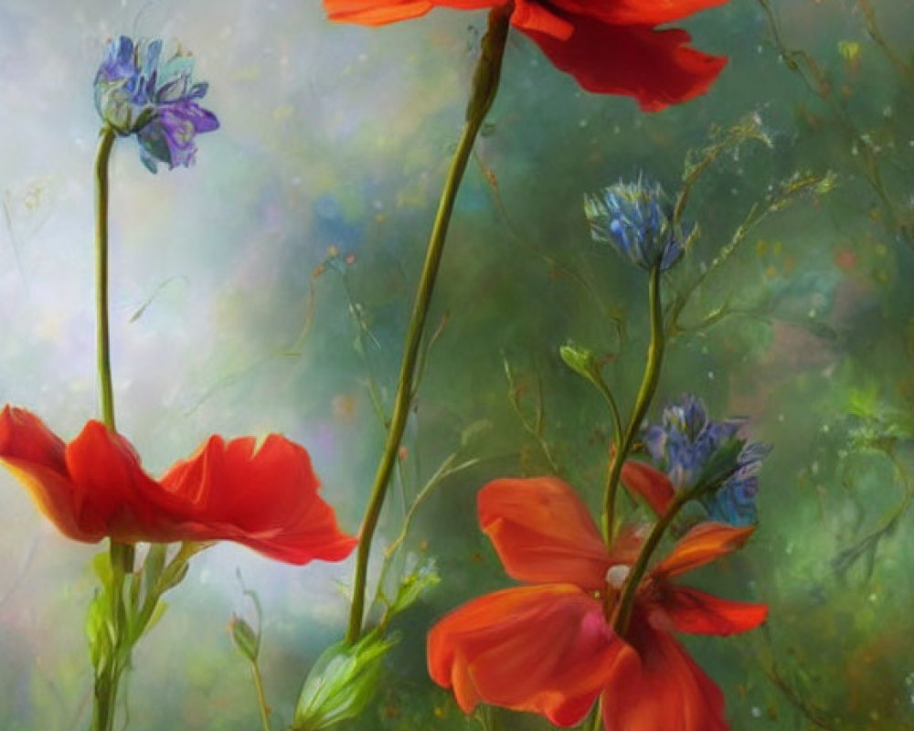 Bright red poppies among blue flowers in soft-focus green background.